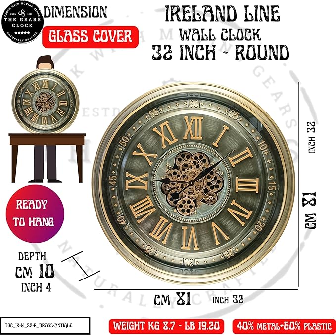 32'' Inch Real Moving Gear Wall Clock Ireland Line (Brass Antique, 32 inches (80 cm))-CasaMuseHome
