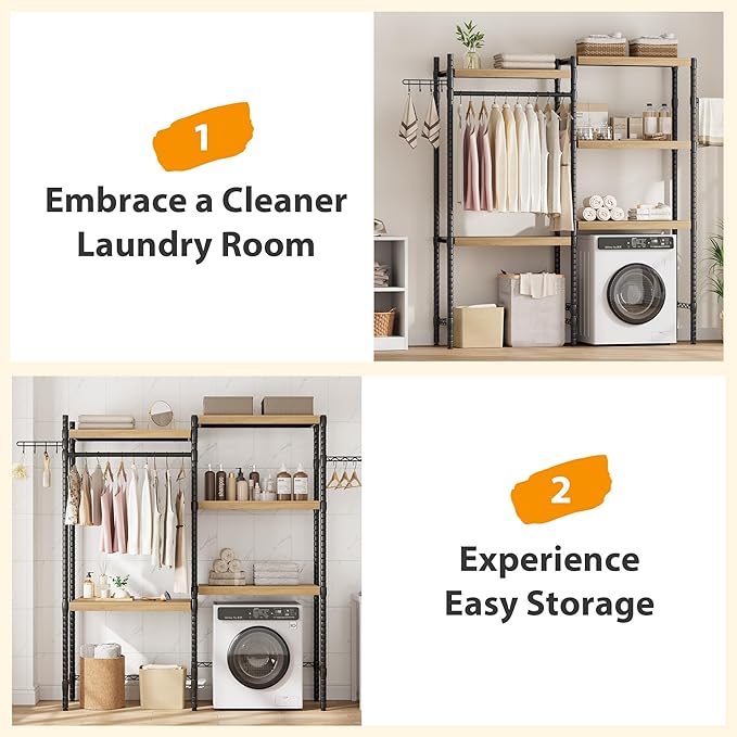 5-Tier Over-The-Washer Shelf - Adjustable 28" Laundry Organizer with 100lb Double Wood Shelves, Space-Saving Storage Unit for Small Homes (Natural & Black)-CasaMuseHome