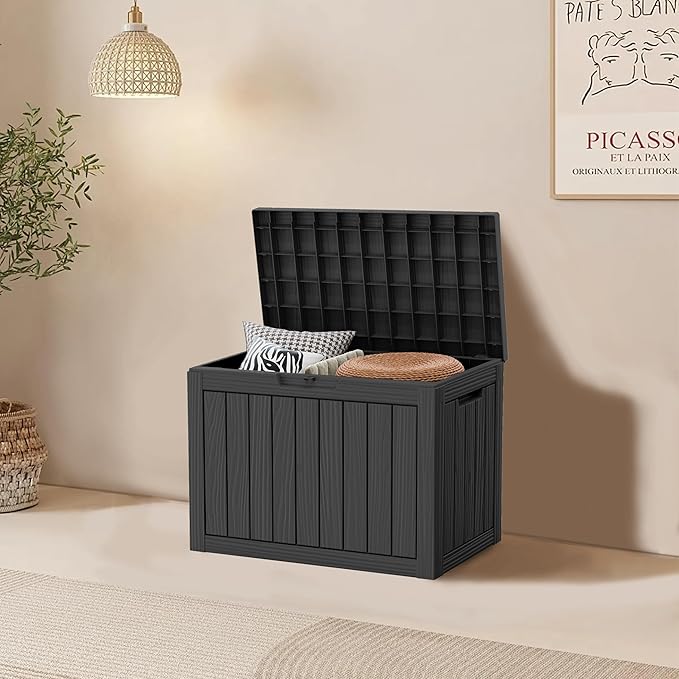 45 Gallon Resin Deck Box, Waterproof Outdoor Storage Bin for Patio, Poolside, and Garden, Lockable & UV-Resistant, Ideal for Small Spaces, Black-CasaMuseHome