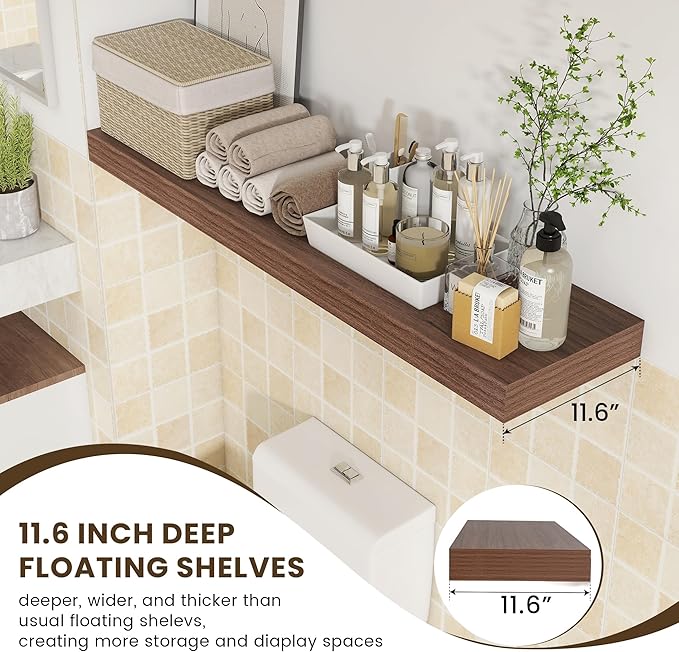 12 Inch Deep Floating Shelves, 48W x 12D Rustic Large Floating Shelves, Deep Walnut Wood Wall Shelves Set of 1 for Living Room Bathroom Laundry Room Bedroom Kitchen Home Office - Walnut-CasaMuseHome