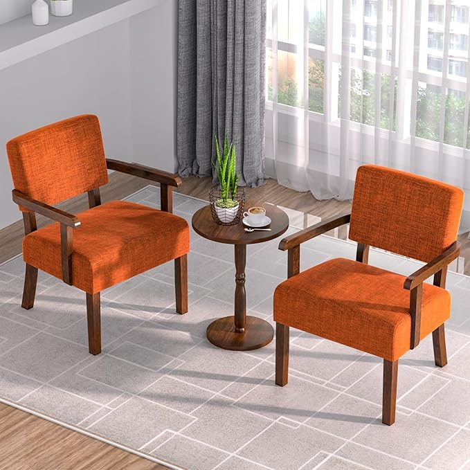 Accent Chair Set of 2 with Table, Living Room Chairs with Soft Seat and Armrests for Living Room Bedroom Reading Room Waiting Room (Orange), Linen, AC01-CasaMuseHome