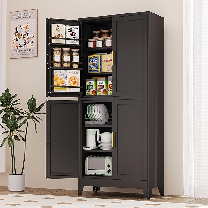 75" H Metal Storage Cabinet, Pantry with 6 Door Shelves and 4 Adjustable Shelves, Leveling Foot for Kitchen, Living Room and Dinning Room, Black-CasaMuseHome