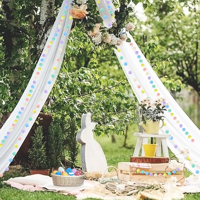 3pk Pastel Pom Pom Garland Easter Decorations Spring Home Decor Indoor Living Room Wall Classroom Xmas Tree, Cute Hanging Rainbow Colorful Felt Ball Garland Baby Shower Wedding Birthday Party Supplies-CasaMuseHome