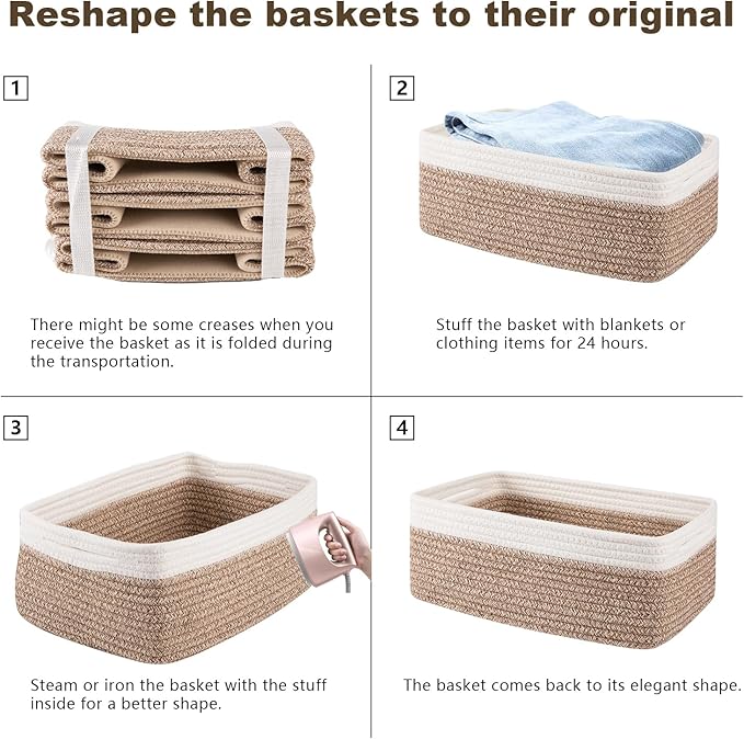 3 Pack Small Storage Baskets for Organizing, Cute Woven Decorative Gift Baskets for Shelves, Mini Closet Organizer Bins with Handles-13''Lx8.66''Wx5.11''H-Brown and White-CasaMuseHome