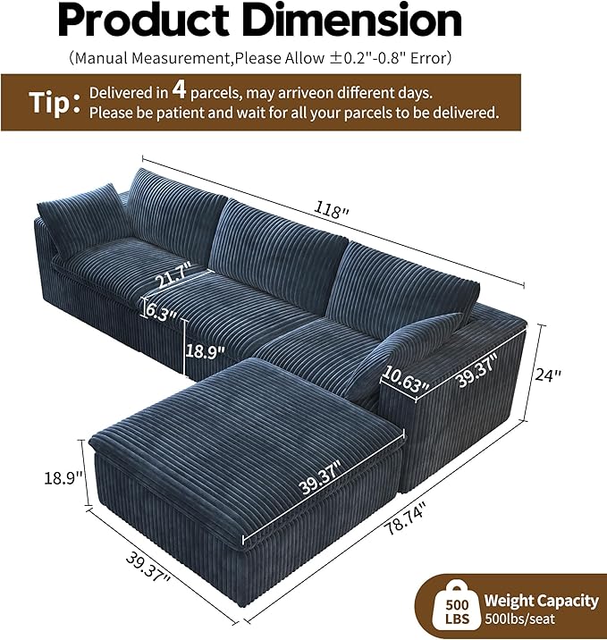 118" L Shaped Modern Sofa Modular Sectional Cloud Couch with Ottoman,Deep Seat Upholstered Couches with Plush Corduroy Fabric for Living Room Furniture,Bedroom and Apartment,No Assembly Required,Blue-CasaMuseHome
