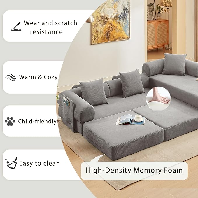 107" Oversized Convertible Sleeper Sofa Bed, Corduroy L Shape Sectional Couch, Folding Sofa Bed with Side Pocket, Modern Cloud Floor Mattress Couch, Modular Sofa for Living Room, Grey-CasaMuseHome