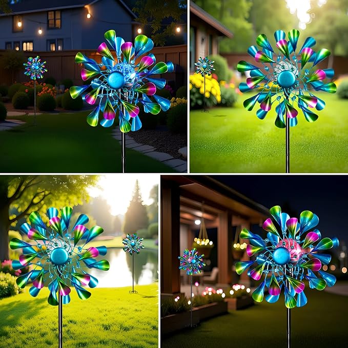 60'' Wind Spinner with Color Glass Ball Solar Lights, Green Peacock Feathers Metal Garden Outdoor Decor Yard Lawn Art Decor for Patio Kinetic Windmills Unique Gifts for Friends and Family-CasaMuseHome