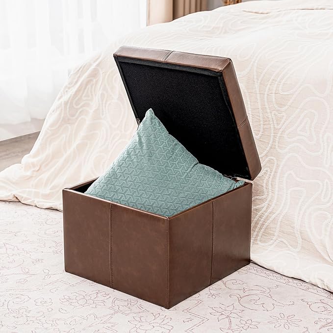 Adeco Storage Ottoman Foot Rest Stool, Leather Ottoman Footstool with Hinged Lid, 17" Small Foot Stool Bench for Living Room, Bedroom-CasaMuseHome