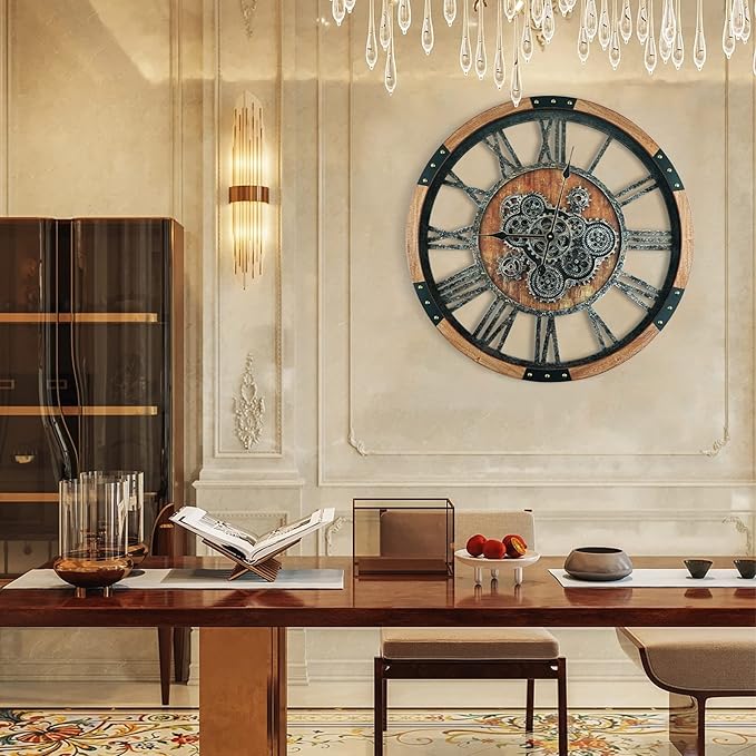 24 Inch Moving Gear Wall Clock, Oversized Wall Clocks, Clock Living Room Decor, Solid Wood Frame, Battery Operated, Large Wall Clock with Steampunk Industrial for Fireplace(Brown)-CasaMuseHome