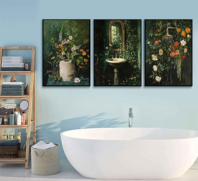 3Pcs Vintage Dark Green Bathroom Wall Art Shower Toilet Paper Roll Floral Poster Print Modern Farmhouse plants Painting Picture Wall Decor For Bathroom Living Room Decoration Unframed-CasaMuseHome