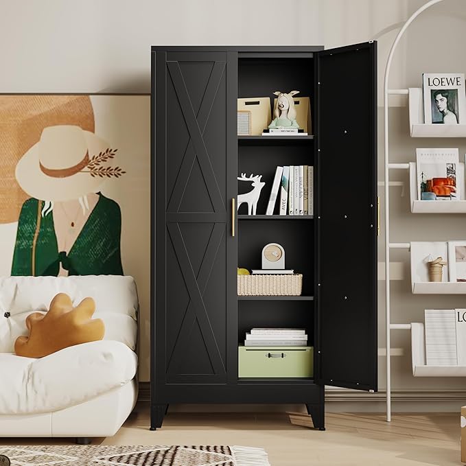 61" H Metal Kitchen Pantry Storage Cabinet, Freestanding Cupboard with 2 Doors and 3 Adjustable Shelves, Standing Storage for Kitchen, Bathroom, Garage, Dinning Room or Utility Room(Black)-CasaMuseHome