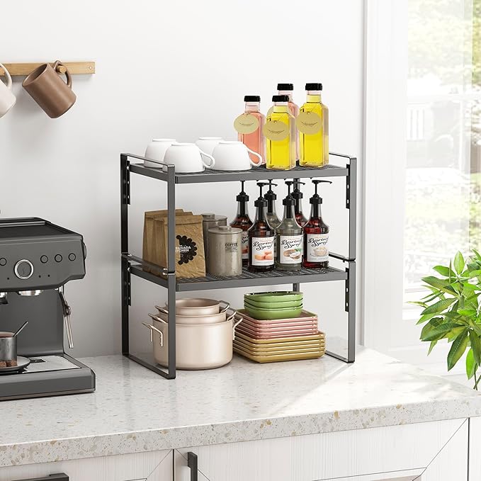 2 Pack Kitchen Countertop Organizer, Stackable Cabinet Shelf Organizer, 2 Tier Adjustable Kitchen Counter Shelves Riser For Pantry Cupboard Bathroom Organization And Storage, Desk Shelf,Spice Rack-CasaMuseHome
