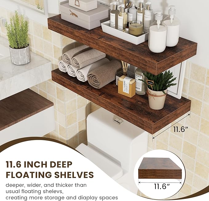 12 Inch Deep Floating Shelves for Wall | 30 Inch Floating Shelves Set of 2 | Rustic Wood Shelves for Living Room Bathroom Laundry Room Bedroom Kitchen Home Office - Rustic Brown-CasaMuseHome