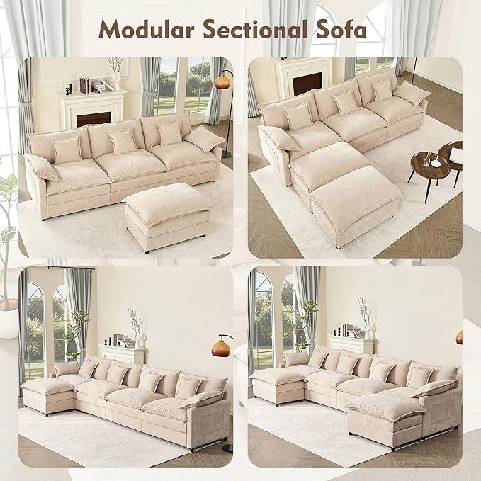 108" U Shaped Couch, Modular Sectional Sofa, 3-Seater Comfy Cloud Couch with Movable Ottoman, Deep Seat Couches for Living Room, Chenille, Flat White-CasaMuseHome