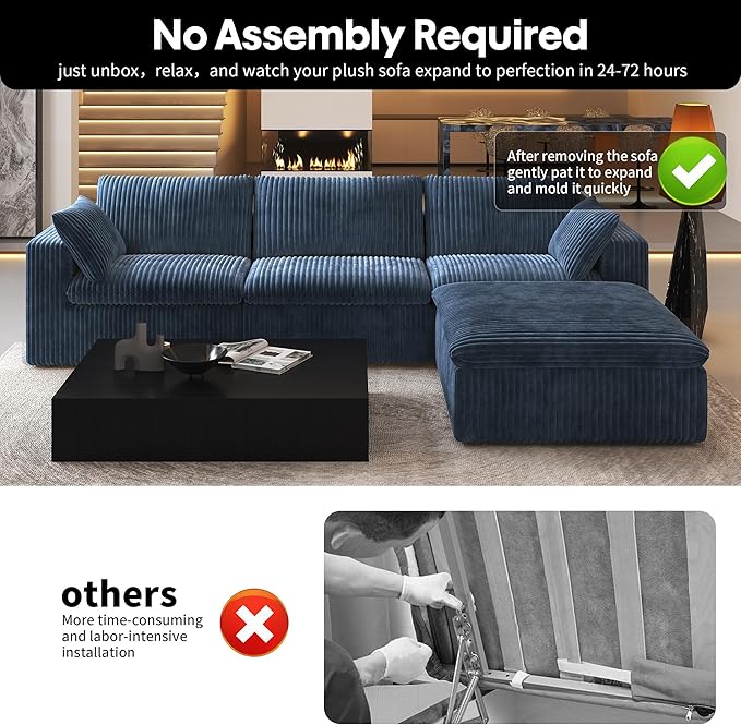118" L Shaped Modern Sofa Modular Sectional Cloud Couch with Ottoman,Deep Seat Upholstered Couches with Plush Corduroy Fabric for Living Room Furniture,Bedroom and Apartment,No Assembly Required,Blue-CasaMuseHome