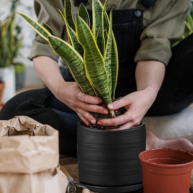 6 Inch Plant Pots, Ceramic Planter Pot with Drainage Hole & Saucer, Indoor/Outdoor Cylinder Round Planter Pot, Matte Black-CasaMuseHome