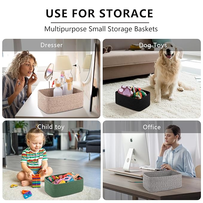 4 Pack Small Storage Shelf Baskets for Organizing, Mini Woven Rope Storage Bins for Towels, Cute Decorative Closet Organizer,Baby Nursery, Gift Empty Baskets -13.78''Lx9.84''Wx5.51''H-Brown-CasaMuseHome