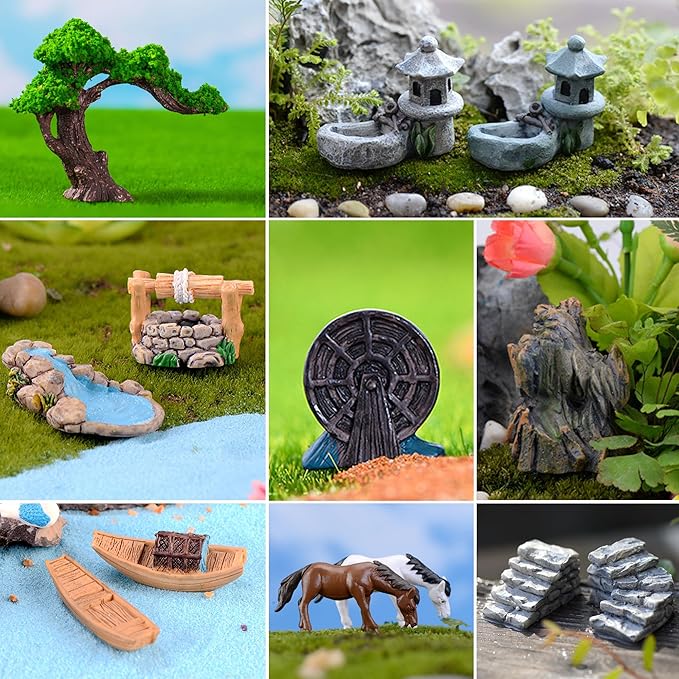 37PCS Fairy Garden Accessories, Miniature Nature Village Theme Fairy Garden Supplies for Outdoor, Mini Resin Animals House Bridge Pool Figurines Micro Landscape Succulent Plant Pots Terrarium Decor-CasaMuseHome