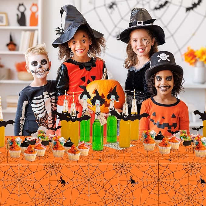 2 Pcs Halloween Tablecloth - Plastic Halloweens Spider Webs Table Cloth, Orange Disposable Rectangle Spiderweb Table Cover for Halloween Party Decorations Supplies Favors Tables Decor, 108 x 54 Inch-CasaMuseHome