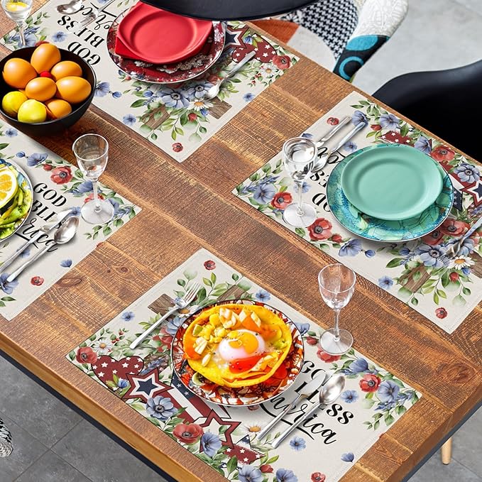 4th of July Placemats Set of 4 Patriotic Floral Cross Stars Independence Memorial Day Place Mats 12x18 Inch God Bless America Linen Fabric Table Mats for Party Kitchen Dining Decoration-CasaMuseHome