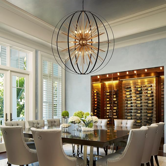 43.3" Black Gold 18-Light Globe Sputnik Chandelier Modern Adjustable Hanging Ceiling Firework Pendant Light Fixture for Entryway Foyer Stairway Kitchen Dining Living Room Hallway-CasaMuseHome