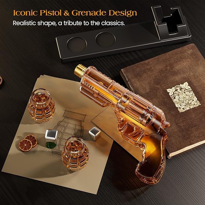 Kollea Whiskey Decanter Set with Grenade-Shaped Shot Glasses, Anniversary Birthday Gifts for Men Who Have Everything, Holiday Whiskey Gifts for Men, Father, Husband, Boyfriend & Military Enthusiasts