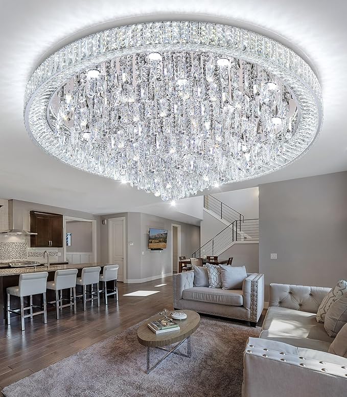 47'' Modern Chandeliers LED Dimmable Crystal Flush Mount Ceiling Chandeliers for Living Room High Ceiling Entrance Foyer Lobby Bedroom Silver-CasaMuseHome