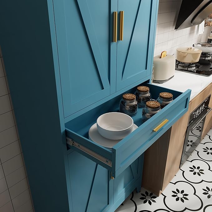 71 "Farmhouse Metal Filing Cabinet with a Drawer and 4 Adjustable Shelves, with 4 Large barn Door White Kitchen Cabinets, Metal Food Cabinets for Home, Kitchen, Dining/Living Room (Peacock Blue)-CasaMuseHome