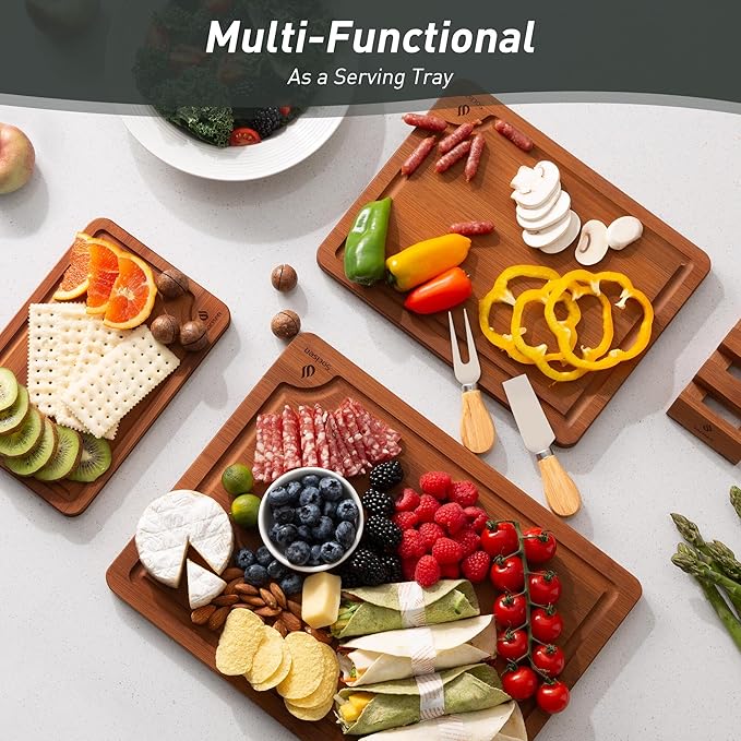 3 Packs Bamboo Cutting Board Set with Non Slip Feet Holder and Over Sink Nice Solid Thick Wood Juice Groove Chopping Board Extra Large Big Small Best Hardwood Kitchen Organic Vegetable Meat BBQ Kit-CasaMuseHome