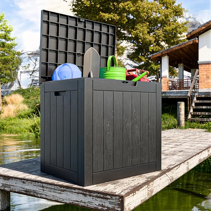 30 Gallon Outdoor Deck Box,Storage Lockable Waterproof Patio Furniture,Garden Tools,Cushions,Pool Accessories Outside Storage Resin Box(Black)-CasaMuseHome