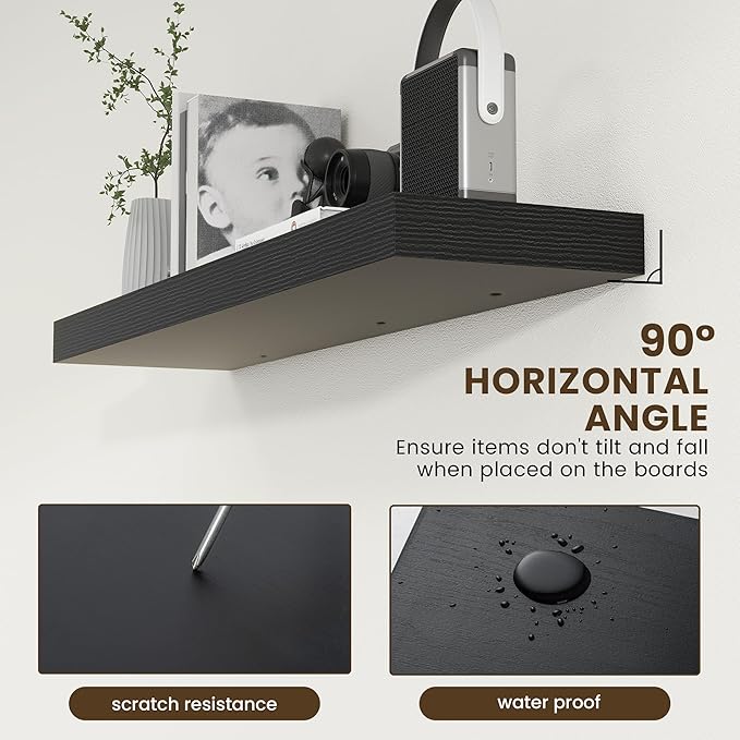 12'' Deep Floating Shelves, 48 Inch Large Floating Shelf Black, Deep Wall Shelves for Living Room Bathroom Laundry Room Bedroom Kitchen Home Office - Black-CasaMuseHome