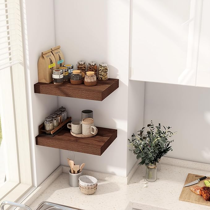 12 Inch Deep Floating Shelves, 16 x 12 Floating Shelf for Books, Rustic Wood Deep Wall Shelves for Home Storage & Display, 2" Thicked Shelves for Kitchen, Living Room, Bedroom, Walnut Color, 2 Pack-CasaMuseHome