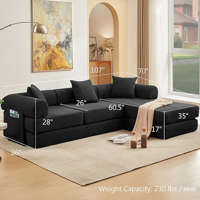 107" Oversized Convertible Sleeper Sofa Bed, Corduroy L Shape Sectional Couch, Folding Sofa Bed with Side Pocket, Modern Cloud Floor Mattress Couch, Modular Sofa for Living Room, Black-CasaMuseHome