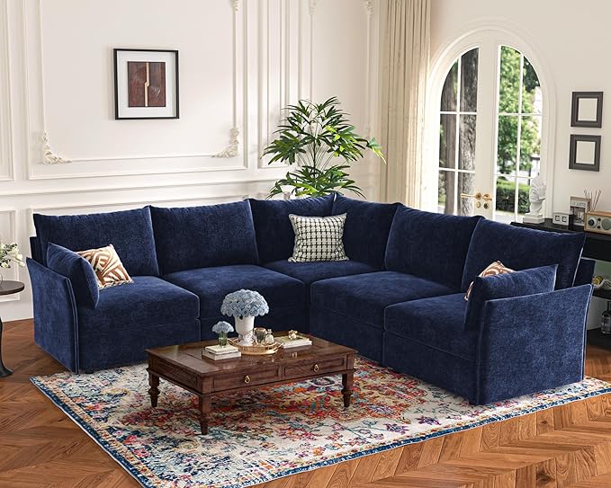 135.5" Oversized Modular Sectional Sofa, L Shaped Convertible Couch with Movable Ottoman, Large 6 Seat Corner Couches for Living Room Deep Seat Blue Chenille-CasaMuseHome