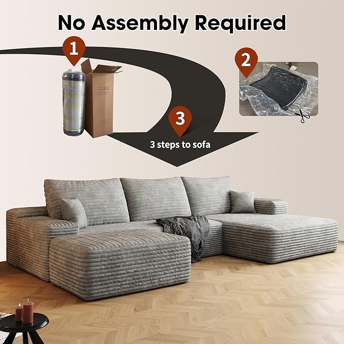 108" Sectional Couches for Living Room Modern Modular Sofa with L-Shape Couchs Upholstered Boneless Couch Deep Seat Sectional Couch with Chaise (Grey, Right Facing Chaise+2Seaters+1Ottoman)-CasaMuseHome