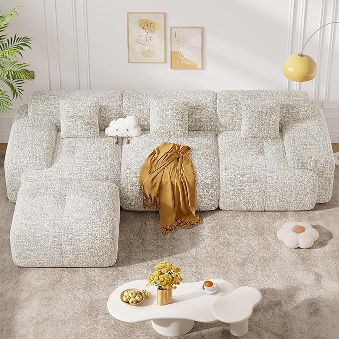 122" Modern L Shaped Modular Sectional Sofa, Boneless Couches for Living Room with Ottoman,4 Seater Convertible Chenille Cloud Couch Sofa Set, No Assembly Required, Beige 1 PCS-CasaMuseHome