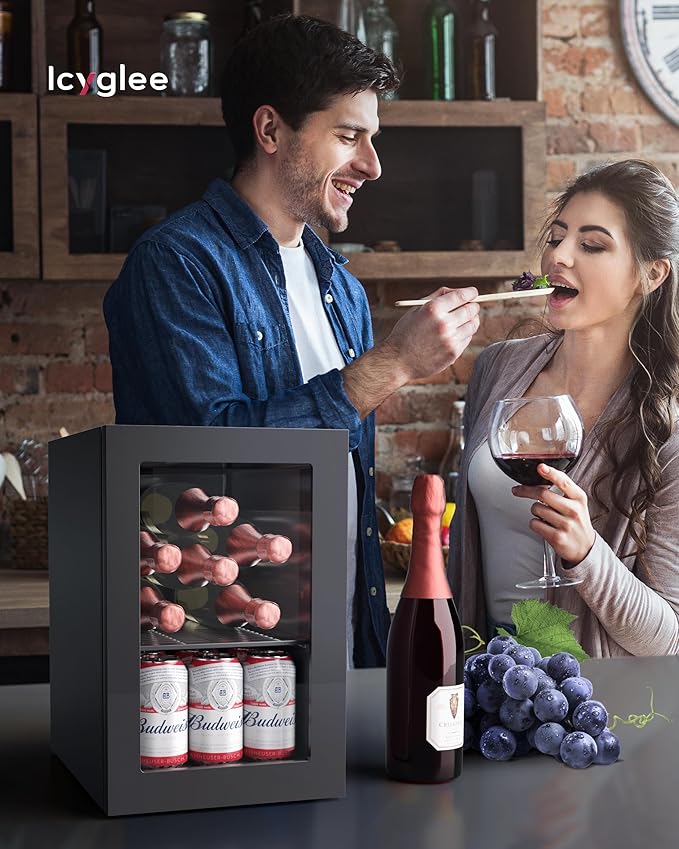 6 Bottles and 6 Cans Compact Beverage Refrigerator, Freestanding Mini Fridge with Temperature Control for Beer Wine, Under Counter Small Refrigerator Adjustable Shelve & Glass Door for Home and Bar-CasaMuseHome