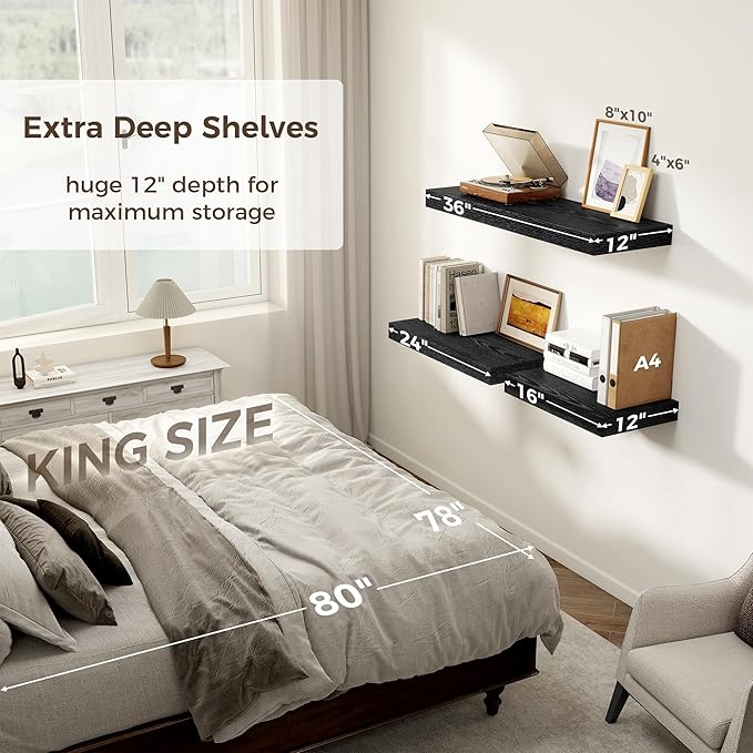 12 Inch Deep Black Floating Shelves, 24 x 12 Floating Shelf for Books, Rustic Wood Deep Wall Shelves for Home Storage & Display, 2" Thicked Shelves for Kitchen, Living Room, Bedroom, 1 Pack-CasaMuseHome