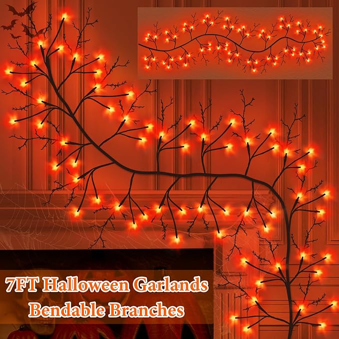 7 Ft Halloween Decorations Willow Vine Twig Garland with 8 Modes Timer 63 LED Orange Lights, Halloween Garland with Waterproof Battery Operated for Wall Fireplace Decorations Indoor Outdoor-CasaMuseHome