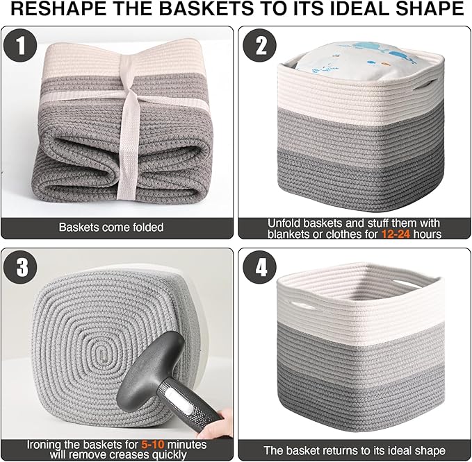 11 Inch Cube Storage Bins, Storage Cube Organizer Bins, Woven Cotton Rope Basket for Storage, Storage Baskets for Organizing Shelves, Grey Baskets for Toys, Gradient Grey (Pack of 3)-CasaMuseHome