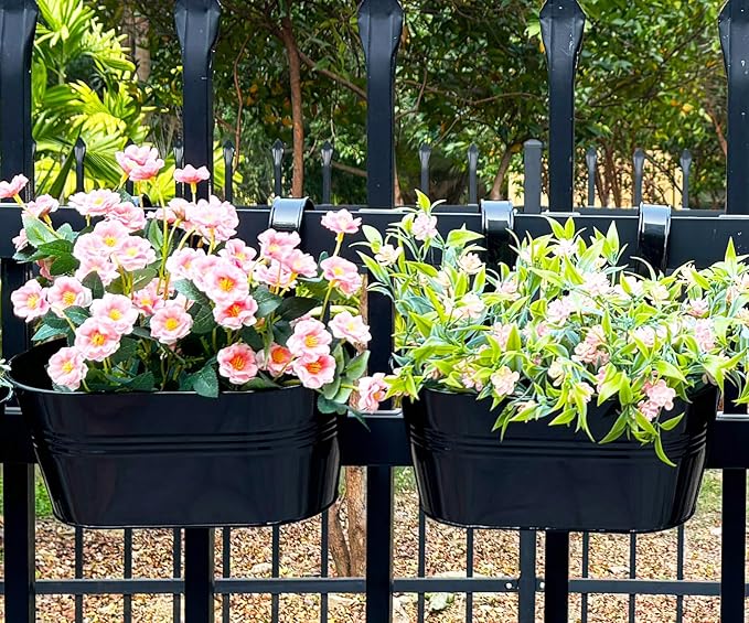 4 Pack Metal Hanging Planter for Outdoor Plants, 10 Inch Black Fence Planters Railing Pots for Garden Patio Balcony Decor, Flower Bucket with Detachable Hooks (Black, 4Pcs)-CasaMuseHome