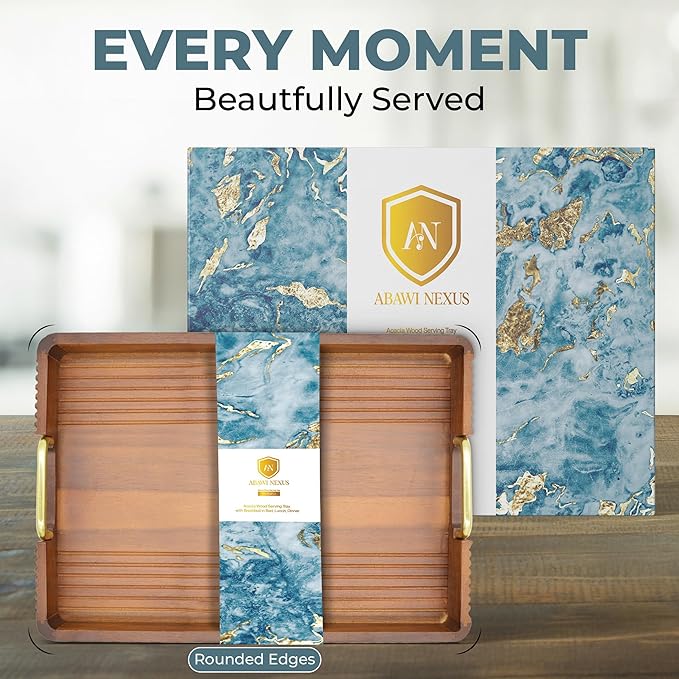 Acacia Wood Serving Tray with Metal Handles – 17x12in Rustic Decorative Ottoman & Coffee Table Tray for Breakfast in Bed, Dinner, Bar, Kitchen, Home Décor & Entertaining-CasaMuseHome