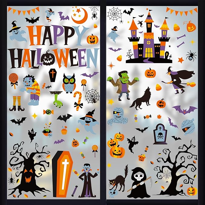 115PCS Halloween Window Clings, 9 Sheets Halloween Decorations, Cute Witch Tree Zombie Ghost Patterns PVC Window Stickers for Treat or Trick Party Favors Decal Supplies Decor Accessories-CasaMuseHome