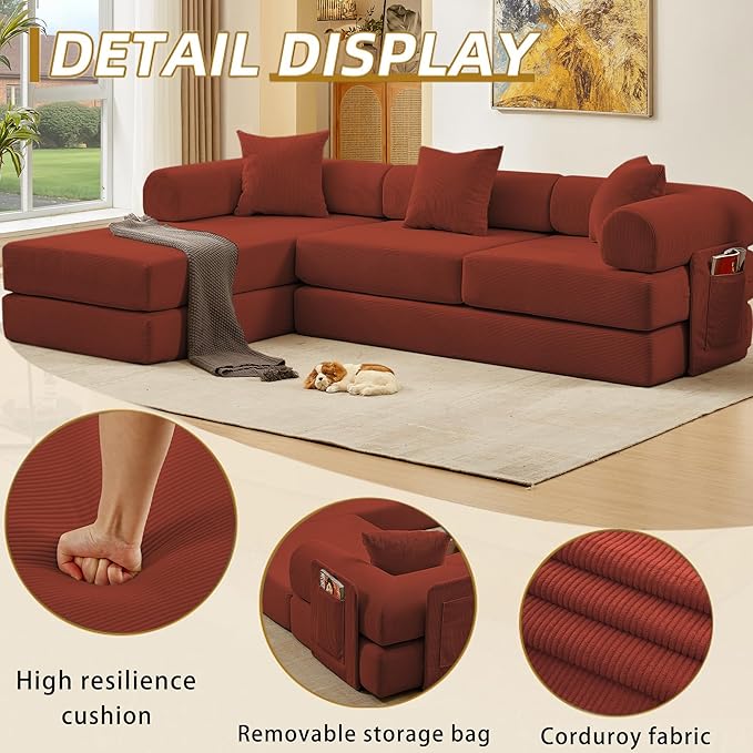 107" Oversized Convertible Sleeper Sofa Bed, Corduroy L Shape Sectional Couch, Folding Sofa Bed with Side Pocket, Modern Cloud Floor Mattress Couch, Modular Sofa for Living Room, Red-CasaMuseHome