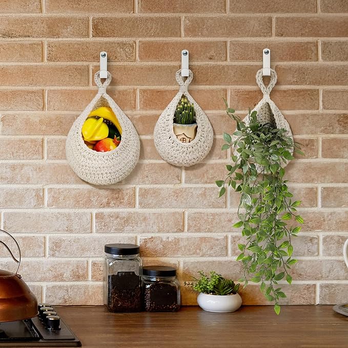 AARAINBOW Boho Wall Hanging Baskets for Kitchen Storage, Fruit Woven Wall Basket 9 Pcs, Hanging Vegetable and Onion Storage with 24 Hooks (White)-CasaMuseHome