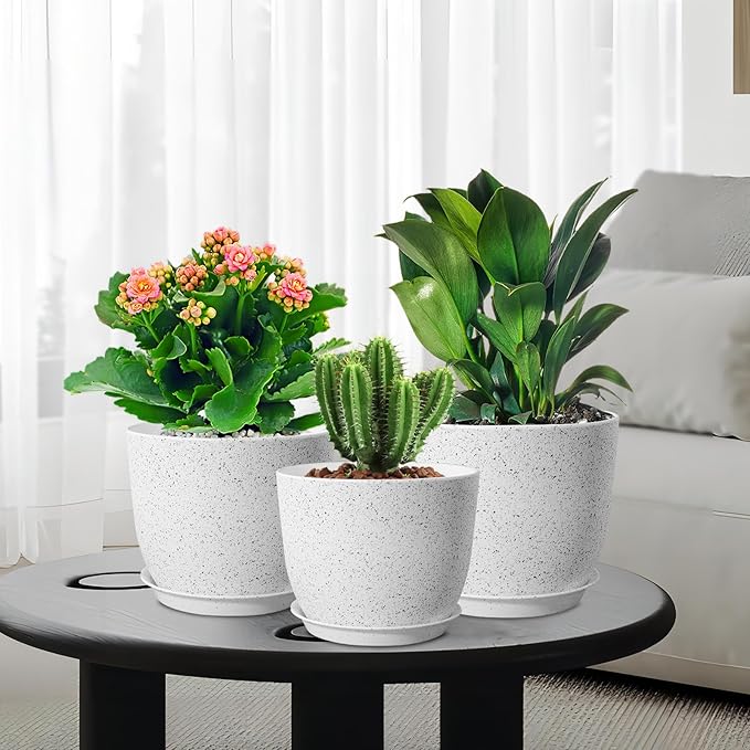 9/8/7.5 inch Flower Pots, Set of 3 Modern Decorative Plastic Planters with Drainage Holes and Saucers for Garden House Plants, Plant Pots for Indoor Outdoor Plants, Speckled White-CasaMuseHome