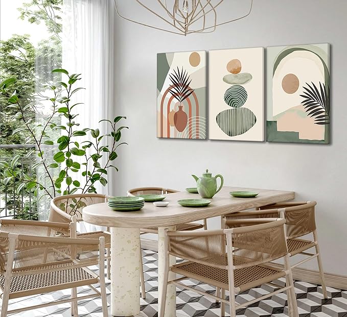 3 Pcs Mid Century Modern Boho Abstract Canvas Wall Art Neutral Green Bohemia Sun and Plant Pictures Wall Decor Posters Print Artwork for Living Room Bedroom Bathroom Office Home Decoration-CasaMuseHome