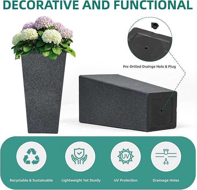 28" Large Tall Square Planters for Outdoor Plants, Set of 2 V-Shaped Planter Box with Black Terrazzo Look, Durable and Weather Resistant, Ideal or Garden, Patio, Porch or Home use.-CasaMuseHome
