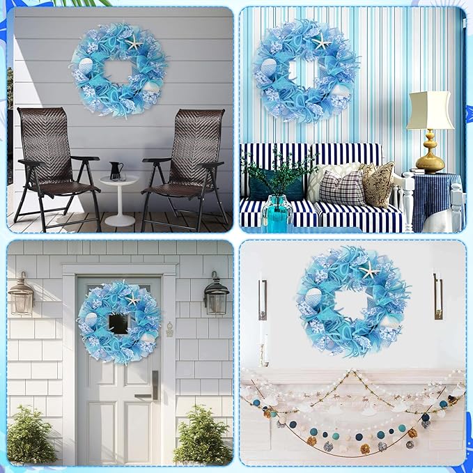 24 Inch Coastal Seashell Large Wreath with Natural Starfish & Scallops Shell, Blue Beach Style Front Door Wreath with for Spring Summer, Farmhouse Rustic Indoor Outdoor Home Wall Wedding Decor-CasaMuseHome
