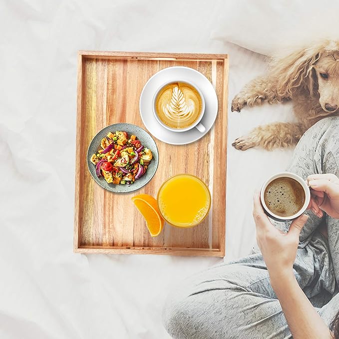 Acacia Wood Serving Tray with Handles (17 Inches) – Decorative Serving Trays Platter for Breakfast in Bed, Lunch, Dinner, Appetizers, Patio, Ottoman, Coffee Table, BBQ, Party –Great for Lap &Couch-CasaMuseHome